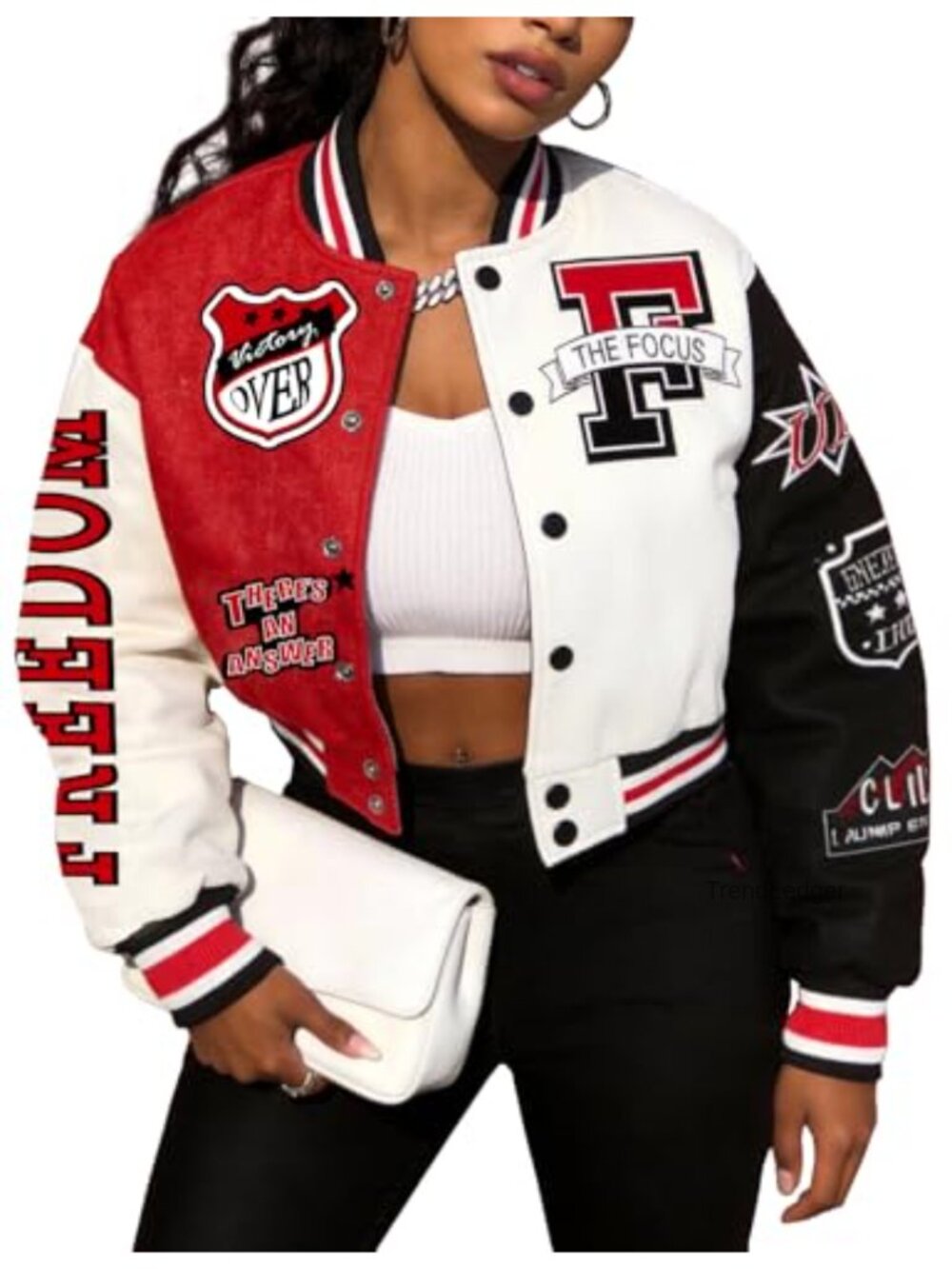 Women's Cropped Varsity Bomber Jacket Y2K Letterman Baseball Button Up Long